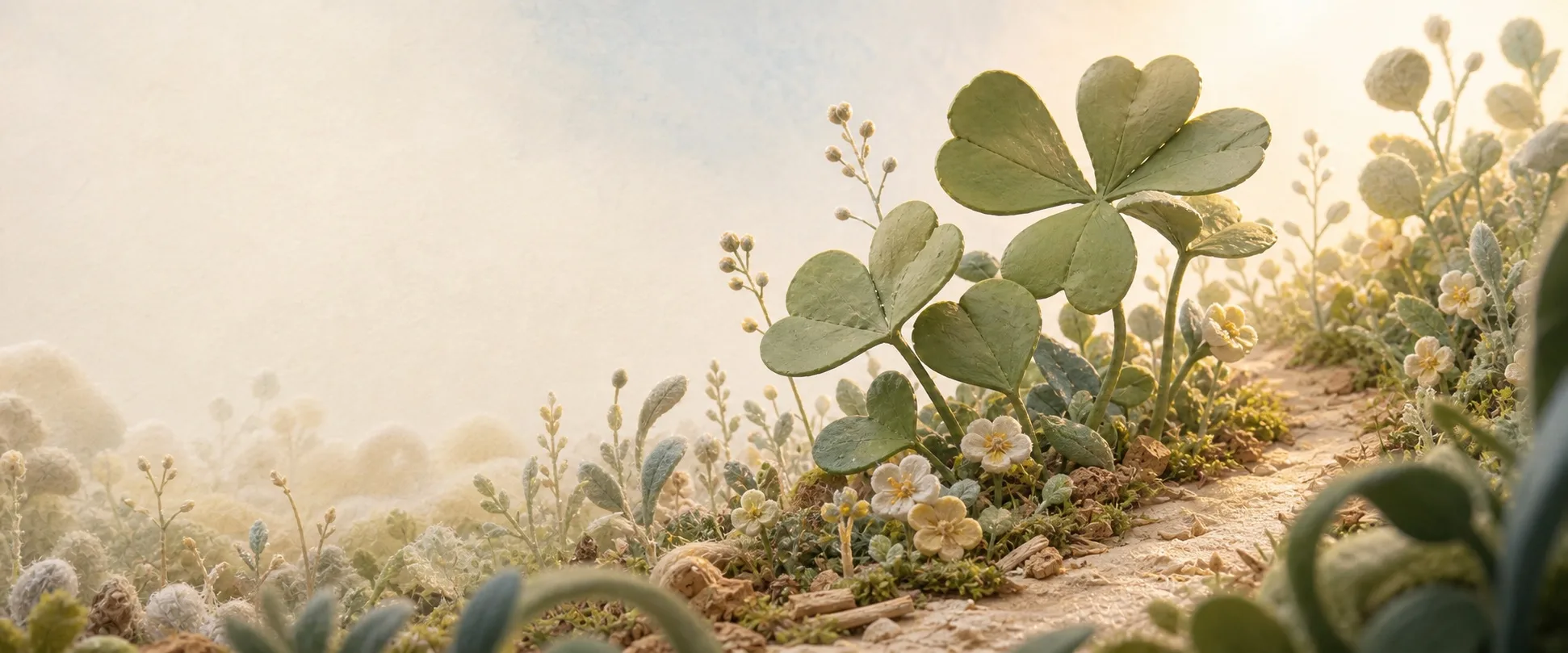 Original handcrafted clay garden illustration with oversized leaf forms and a tiny path leading into morning light.